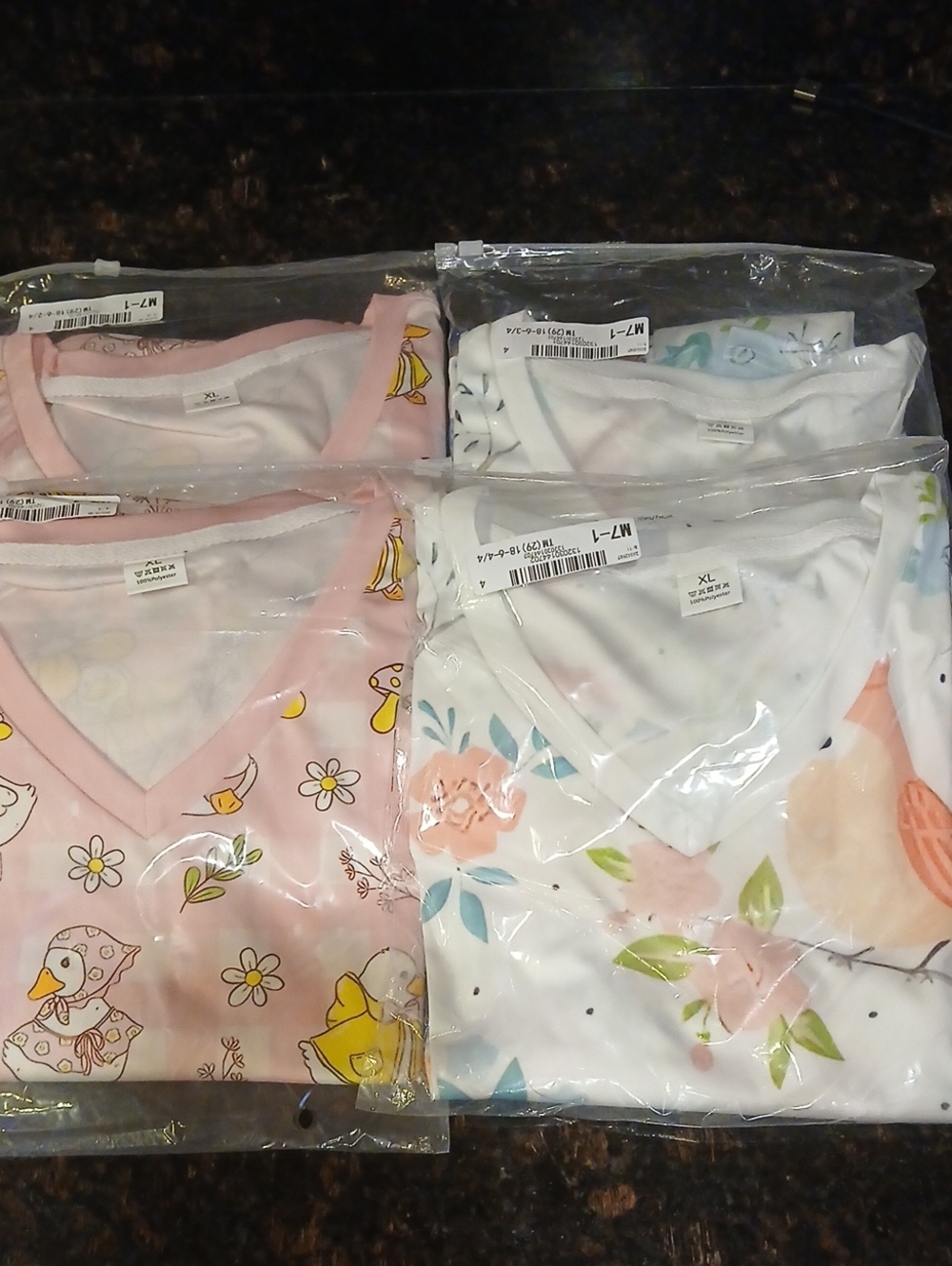 4 Pack Women's Floral & Duck Print V-Neck Scrub Tops 2 Pockets - Pink & White